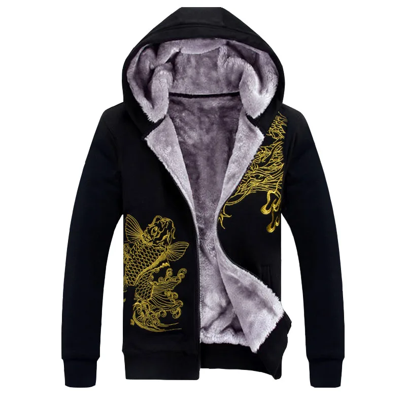 

Hoodies Plus Size chinese Men's Winter Fleece and Thickened Hat Guard Coat Individual Dragon Fish Embroidery Clothing