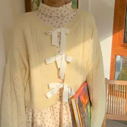 Light Yellow Cropped Cardigan Women Sweet Loose Lace Up Knitted Sweater Jackets Female Hollow Tops Fall 2021 Woman Clothing