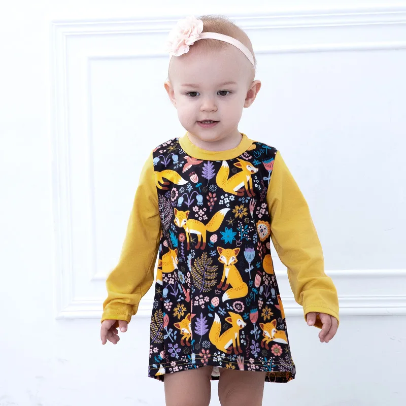 Toddler Girl Dresses Animals Floral Printing Long Sleeve Yellow Dress ...