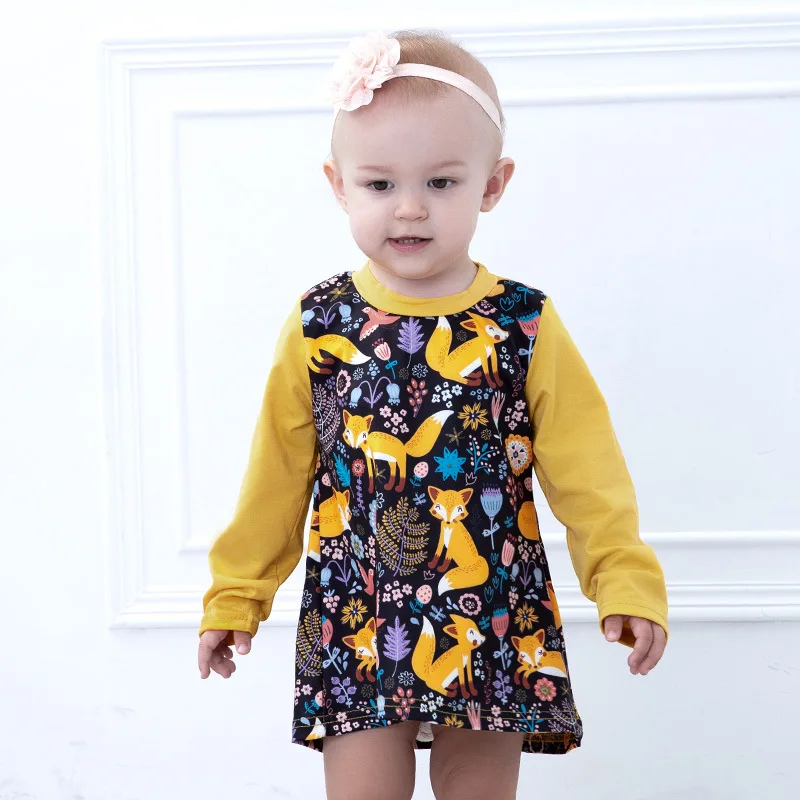 Toddler Girl Dresses Animals Floral Printing Long Sleeve Yellow Dress