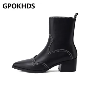 

GPOKHDS 2021 women Ankle boots Cow leather winter short plush Pointed Toe Zipper Crocodile Grain High heels female boots size 40