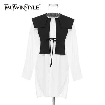 

TWOTWINSTYLE Patchwork Hit Color Dresses Female Sailor Collar Lantern Long Sleeve High Waist Lace Up Women Dress Fashion Clothes
