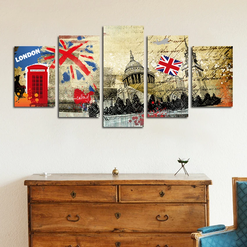 5PCS Set Picture Canvas Painting Wall Pictures For Decoration Classic Retro Nostalgic London City Poster Modular Picture