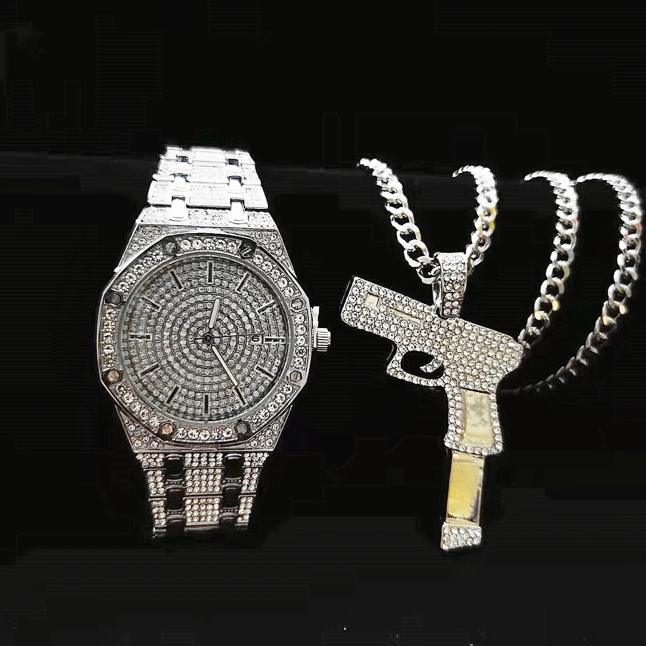 Iced Out Watch with Necklace for Men Luxury Diamond Gold Watch Men Bling Hip Hop Handgun Shooter Pendant Chains Fashion Jewelry