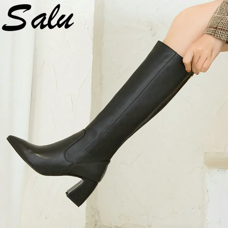 

Salu Brand Knee High Boots Women Warm Autumn Winter Long Motorcycle Boots for Women Genuine Leather High Heel Shoes Woman