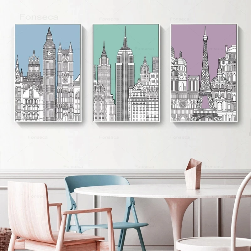 

New European Style Simple Decorative Canvas Painting Line Cartoon Hotel Apartment Building Poster Living Room Wall Art Painting