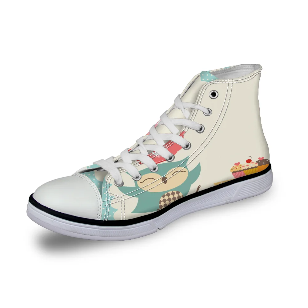 

WHEREISART Women Canvas Shoes Animal Tea Party Cute Owl Bird Cartoon High Top Flats Unisex Vulcanized Shoes Female Casual Shoes