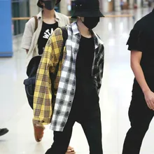 

SUGA Plaid Yellow Black And White Patchwork Shirts Spring Autumn Loose Tops Outwear Plus Size Loose Boyfriend Style Unisex Women