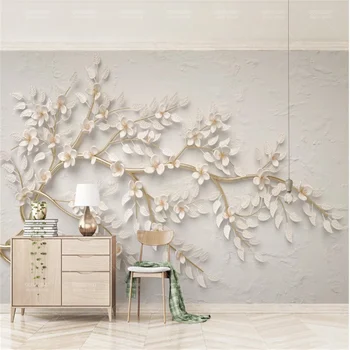 

Milofi custom wallpaper mural golden branches white flowers 3d three-dimensional relief TV background wall
