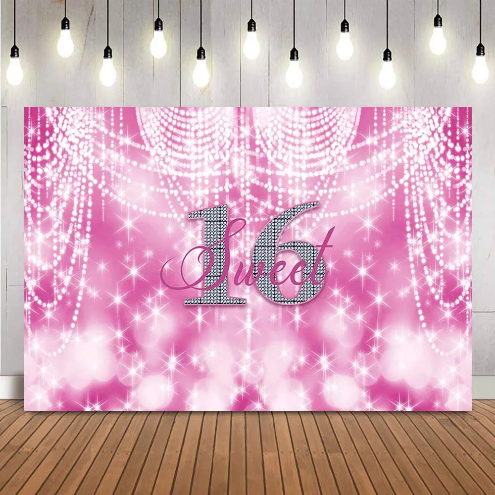 Sweet sixteen birthday backdrop pink glitter light background for photo