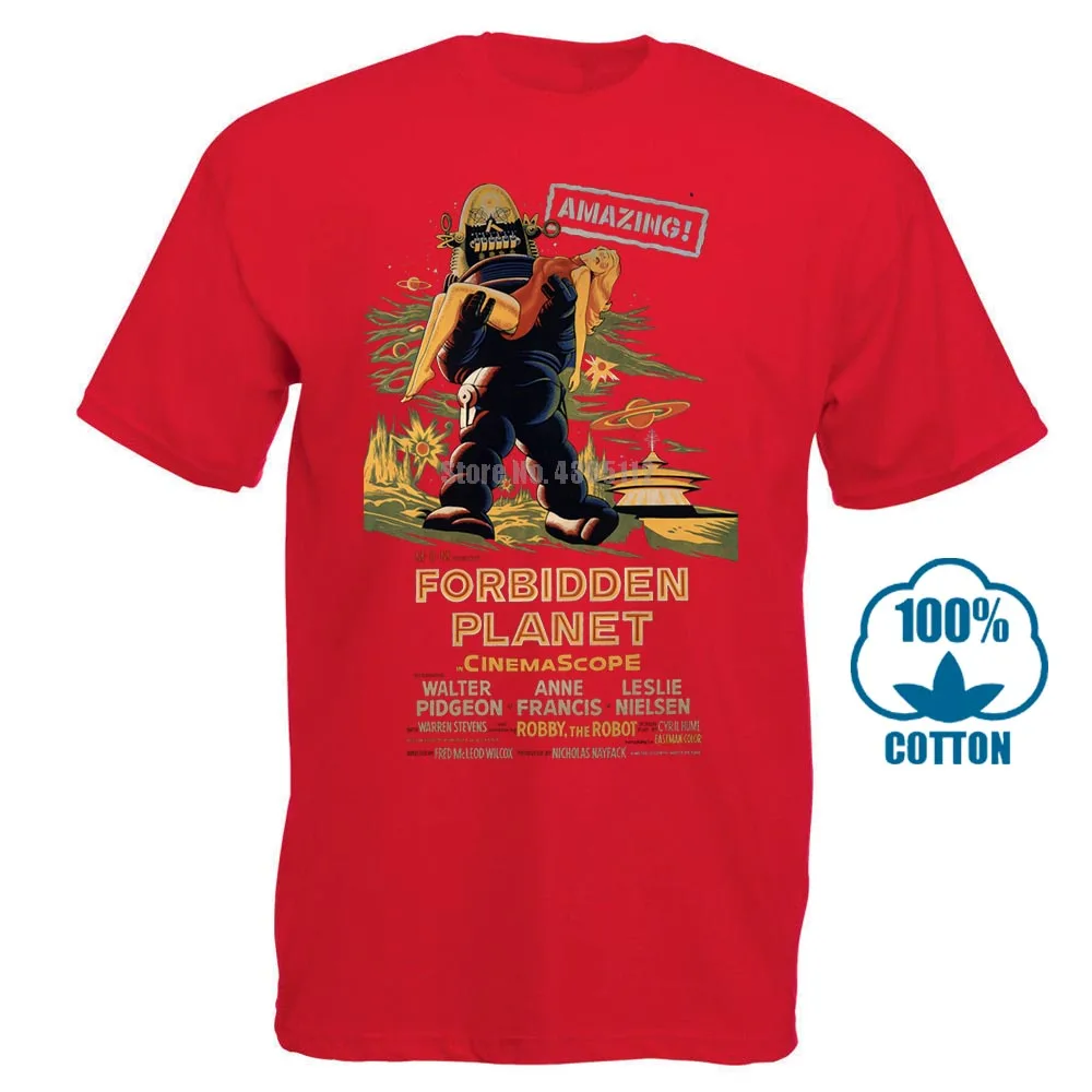 Красный Футболка Forbidden Planet фильм Винтаж Ретро культовый ужас - Цвет: Красный