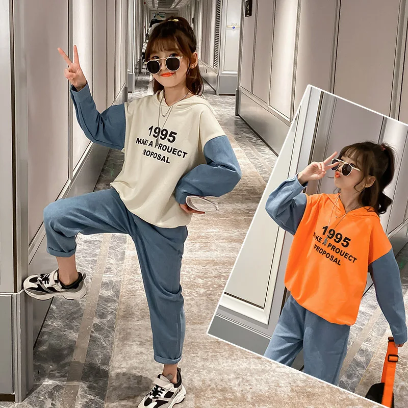 

2020 New Style Spring Clothing Girls Online Celebrity Set Middle And Large Children Western Style GIRL'S Hoodie Jeans Two-Piece