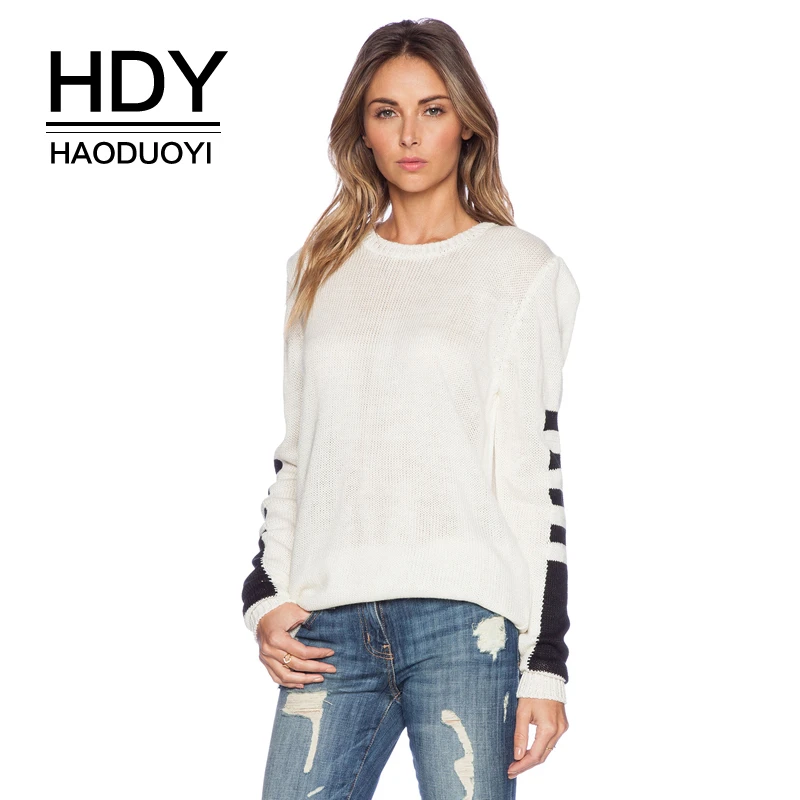 HDY Haoduoyi Fashion Trend Personality Simple Loose Street Contrast Color Striped Head Rib Long-sleeved Round Neck Knit Sweater | Женская