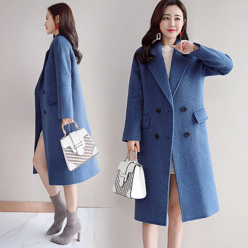 

2018 Winter New Style Korean-style High Good Quality Haze Blue Woolen Jacket Women's Mid-length Overcoat Fashion