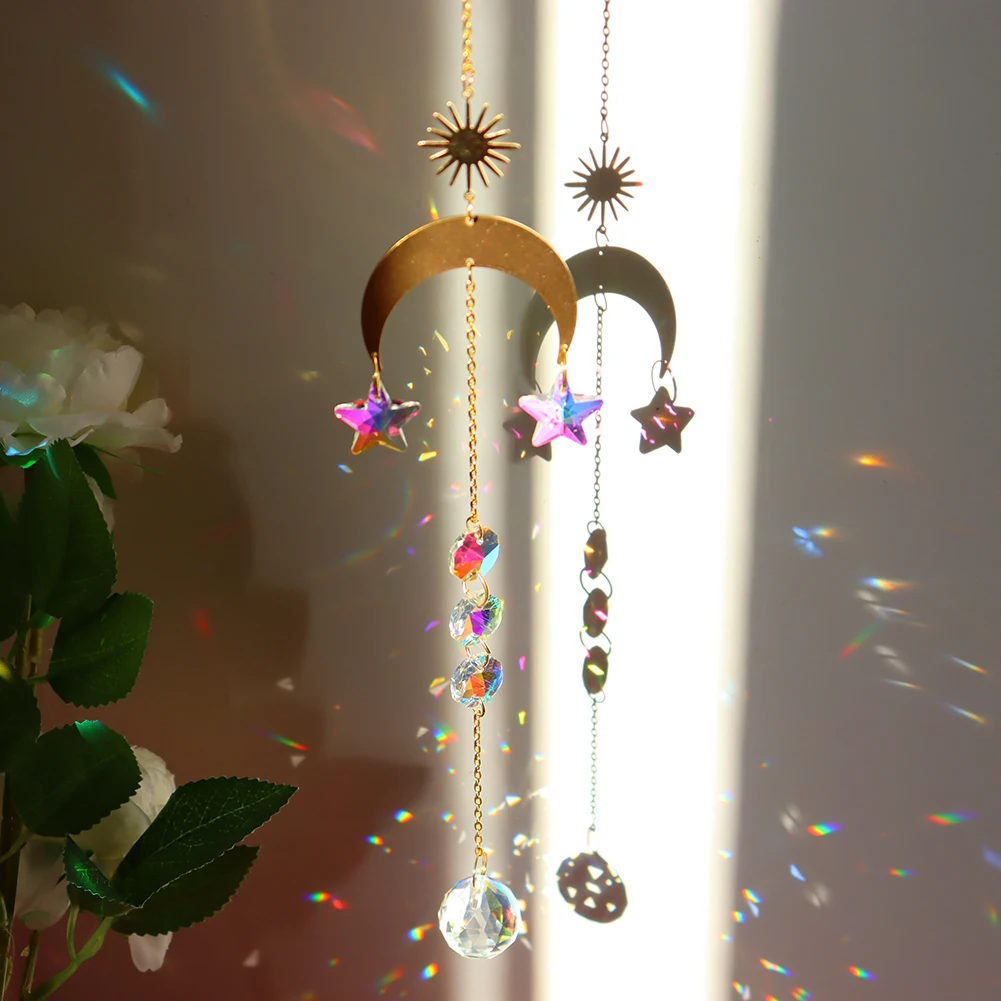 Crystal Moon Sun Catcher Wind Chimes Diamond Prisms Pendant Dream Catcher Rainbow Chaser Hanging Drop Home Garden Decor Gift 6