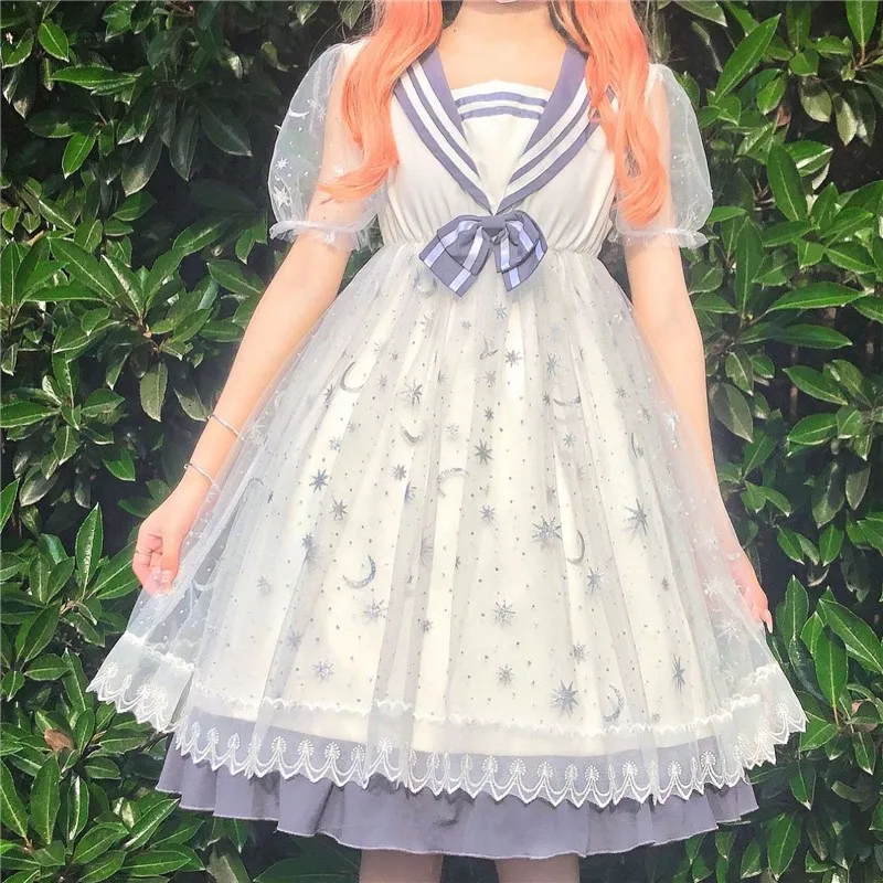 

Sweet Cute Lolita Dress Kawaii Designed Summer Star Navy Collar Short Sleeve Op Dresses For Women Anime High Waist Cosplay White