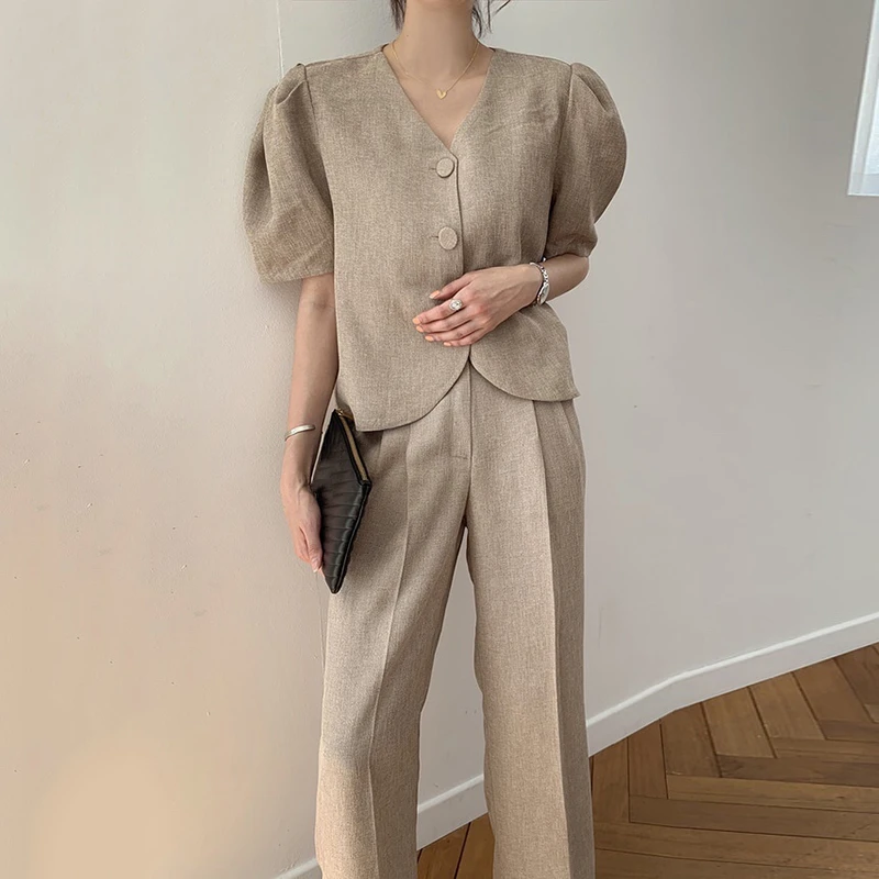 

Korean Vintage Two Piece Set Summer Clothes For Women Puff Sleeve Single Breasted Loose Blouses Top + Wide Leg Long Pants Set