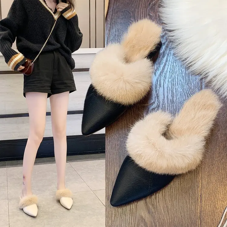 

Square heel Shoes Woman 2019 Luxury Slides Slippers Fur Med Mules Women Pointed Toe Block Designer Plush New Cover Buckle Strap