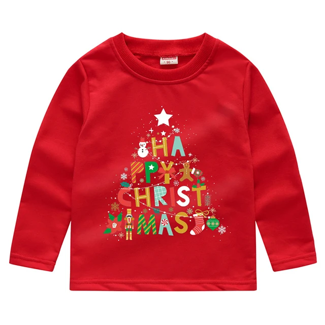 Рождественские толстовки для маленьких мальчиков и девочек от 2 до 7 лет осенне-зимние Новогодние Детские толстовки с длинными рукавами для девочек, футболка детская одежда - Цвет: FT062-Red