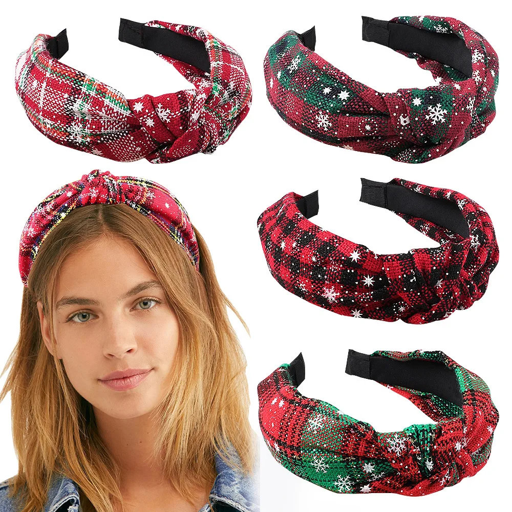 

Christmas XMS Hairbands Women Red Green Plaid Headband Fabric Korean Hair Accessories Knot Snowflake Head Wrap Wholesale Gift
