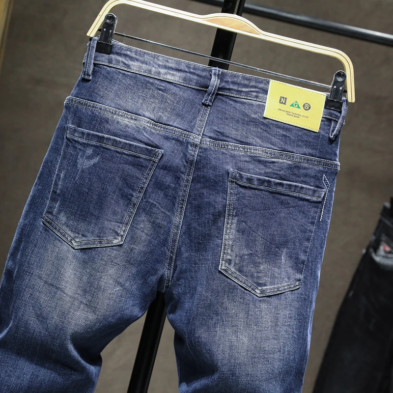 KSTUN Blue Jeans Men Stretch Slim Fitness Spring and Autumn Fashion Embroidered Pattern Denim Pants