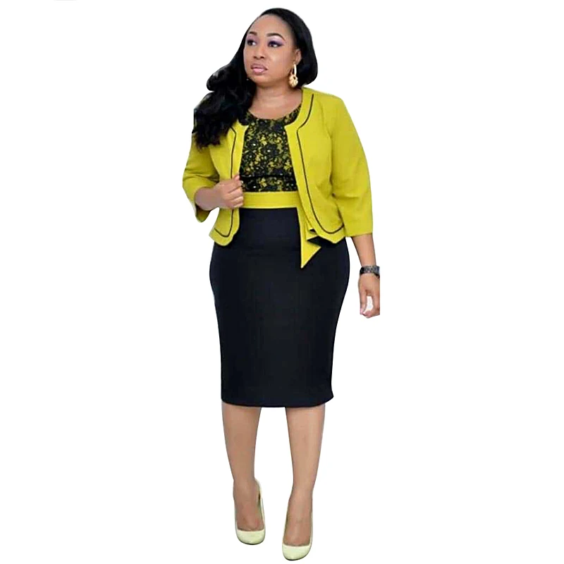 

Kenancy Elegant Women Plus Size Blazer Pencil Dress Suit Set Cropped Half Sleeve Two Piece Set Bodycon Lace Patchwork Midi Dress