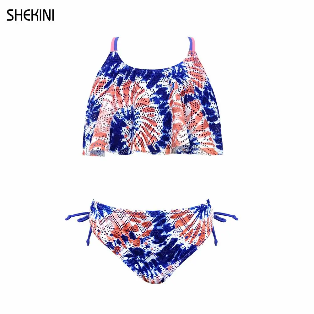 Girl's Ruffles Flounce Print Crochet Teenage Girls Bikini Tie Side Bottom Hollow Back Crisscross Two Piece Swimsuits Beachwear