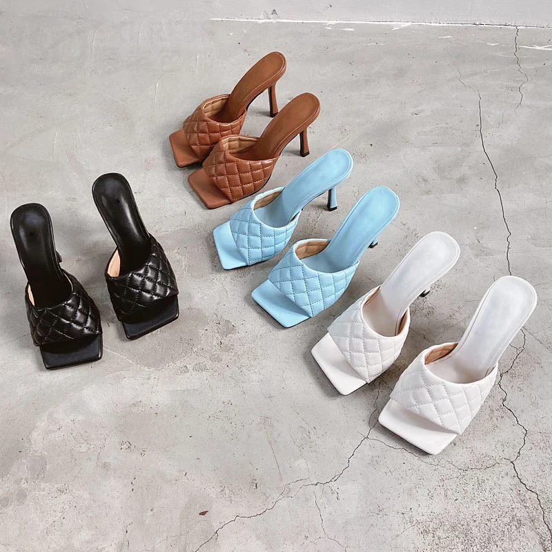 

Slippers Woman Summer Fashion Sexy Square Toe Slip On Mules Shoes Open Toe Thin High Heels 10cm Party Sewing Deign Pumps Size 39