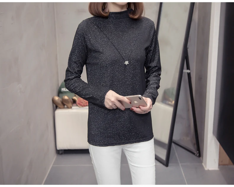 Plus Size Bright Silk Tops Tee Shirts Women 2020 Autumn Trendy Turtleneck Long Sleeve Office Lady Basic T-shirts Oversize Tshirt