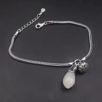 

Real S925 Silver Hetian Jade Bracelet For Women Female Charms Flower Retro Wheat Chain 6.3-7.5inch