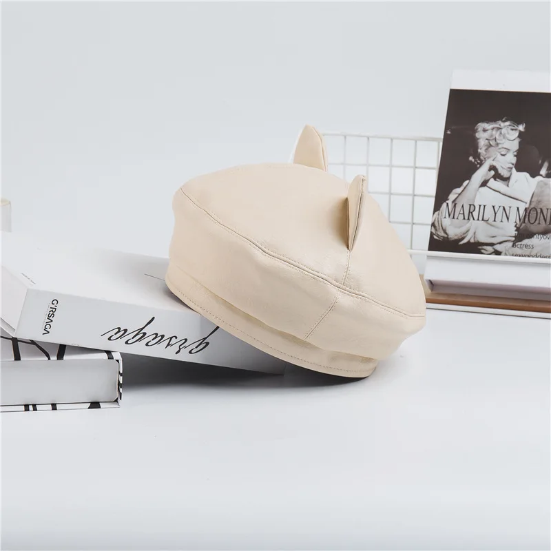Beige Берет с кошачьими ушками Pu кожаный берет Женская шляпа художника осень и зима берет женский ретро Bean шапки восьмиугольная кепка - Цвет: Beige