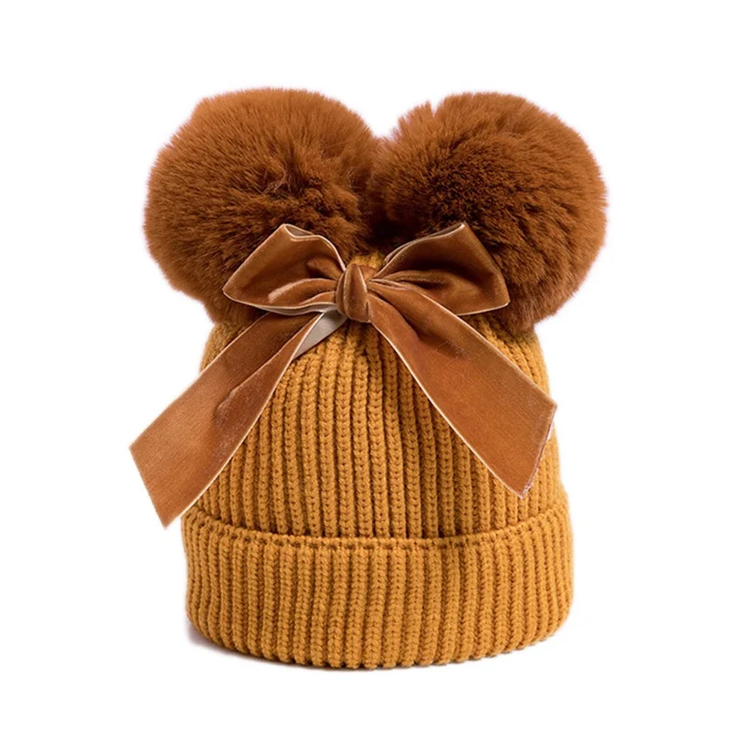 Теплая плотная детская Младенческая шапочка с двойным помпоном, детская зимняя шапка, вязаная шерстяная шапка для маленьких девочек