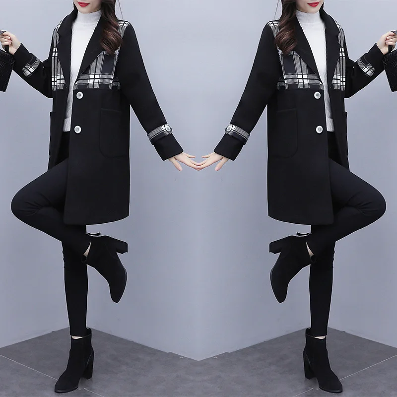

2020 Autumn and Winter New Mid-Length Woolen Coat Korean Style Fashion Stitching Houndstooth Short-Height Woolen Coat for Women