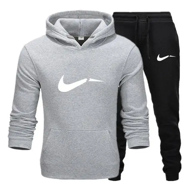 Light grey and black Новинка, модные мужские толстовки с капюшоном, костюмы, брендовый спортивный костюм для мужчин/женщин, толстовки+ спортивные штаны, осенне-зимний флисовый пуловер с капюшоном - Цвет: Light grey and black