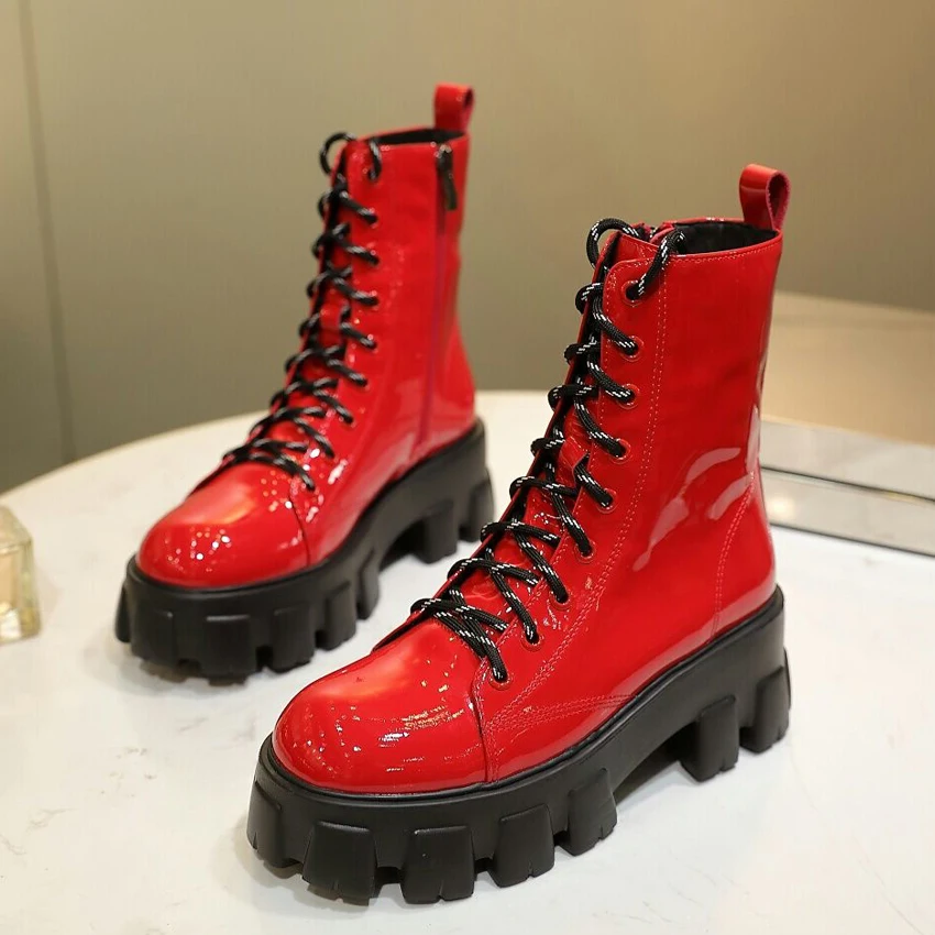 red leather Новинка; женские ботильоны на шнуровке с принтом зебры, леопарда, конского волоса; женская зимняя обувь на толстой плоской подошве; ботинки Мартин feminina из лакированной кожи - Цвет: red leather