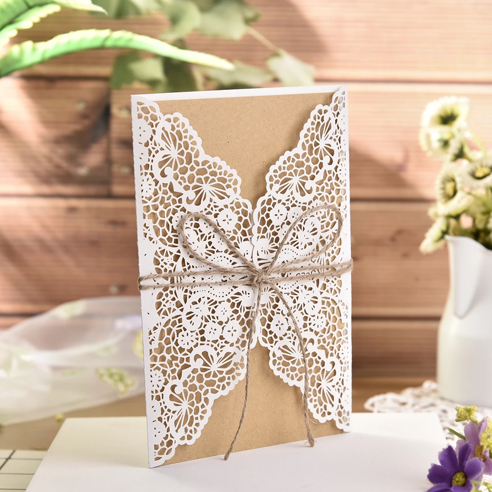  10pcs Design Wedding Invitations Flower Pattern Laser Cut Lace West Cowboy Customize Invitation Car - 4000431303582