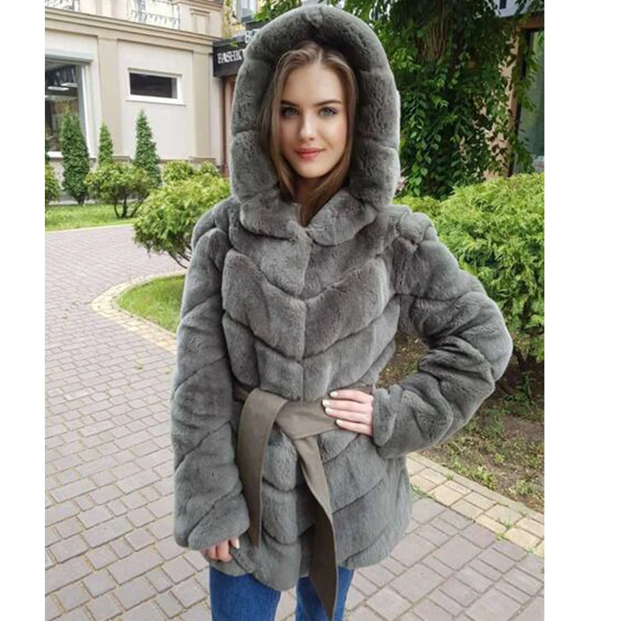 

Winter Hooded Fur Jacket Natural Rex Rabbit Fur Coat Women Warm Fashion Overcoat New Arrival Outwear