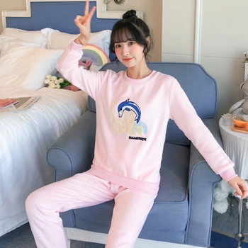 

XIZOU Winter Women Warm Flannel Pajama Set Thicken Girl Cartoon Print Pyjama Set Long Sleeve Sleepwear Youth Women Homewear