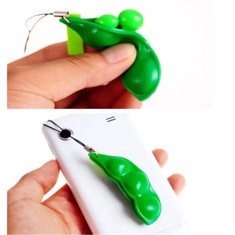 Green Soybean Pea Squeeze Bean Keychain Charm Stress Relieve Funny Extrusion Toy Trinkets Christmas Cute