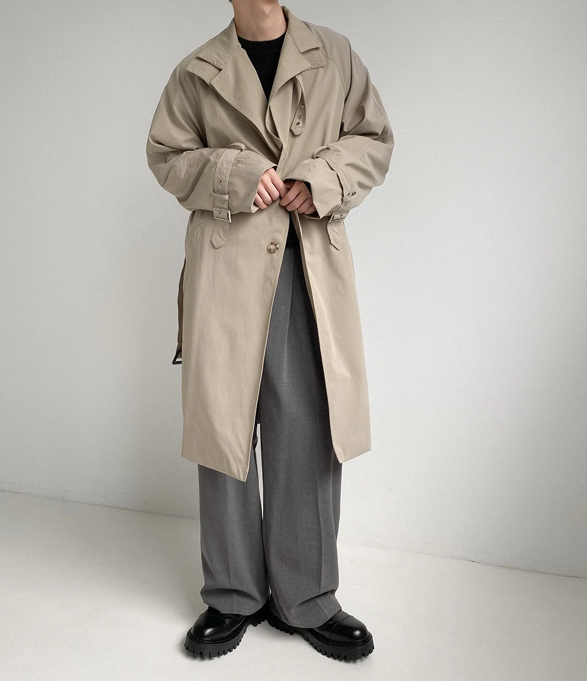 

Korean mid-length windbreaker men's retro handsome spring and autumn coat loose Japanese double-collar jacket