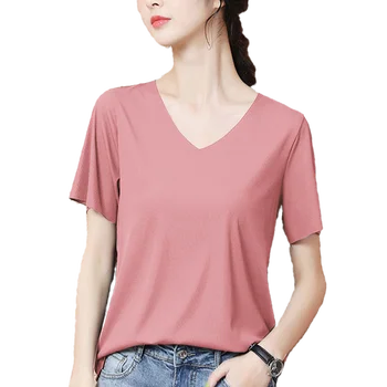

Summer Women Casual T Shirt Female V-Neck Woman's Solid T-shirt Short Sleeve Korean Lady No Trace Ice Tshirt Harajuku Top Tee