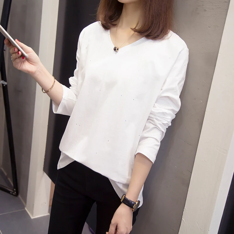 Ceny Plus rozmiar kobiet ubrania 2019 moda jesień lśniące koszulki koreański luźne V Neck t shirty z długim rękawem topy koszulka oversized Shirt