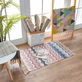 

60X90CM Retro Bohemian Carpet Hand Woven Cotton Linen Tassel Bedside Rug Pet Floor Mat Dog Living Room Bedroom Home Decoration