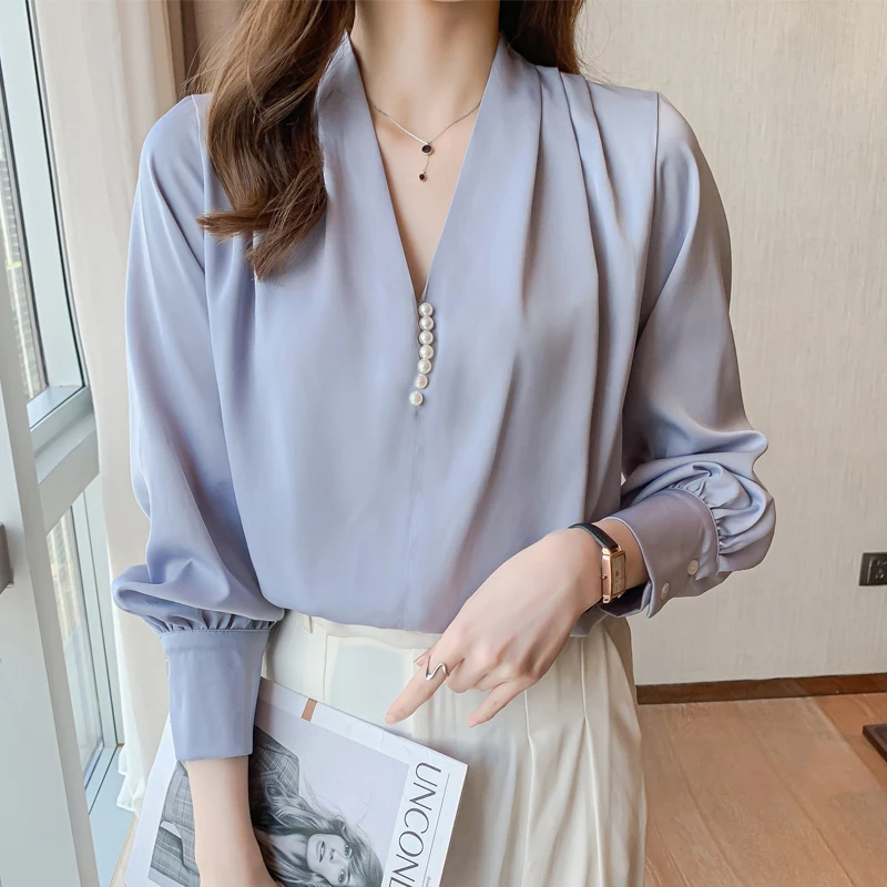 

2021 Fall Long Sleeve V-neck White Blouse Women Fashion Beaded Satin Shirt Female Elegant Office Blouses