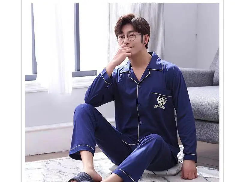 blue mens pyjama Хорошее качество, домашняя одежда, одежда с длинным рукавом, дышащий хлопок, свободная одежда для сна, Ночной костюм, Мужская пижама, набор - Цвет: blue mens pyjama
