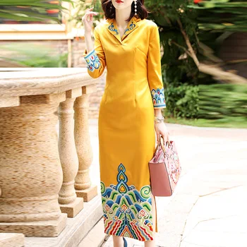 

Embroidered Womens Spring Dress Chinese Style Formal Dress Female Turn Down Collar Embroidery Cheongsam Imitated Silk Long Dress