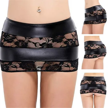

Womens Sexy Lace Floral Wrap Skirt Lady Slim Sheer Leather Mini Short Hollow Out Mini Dress