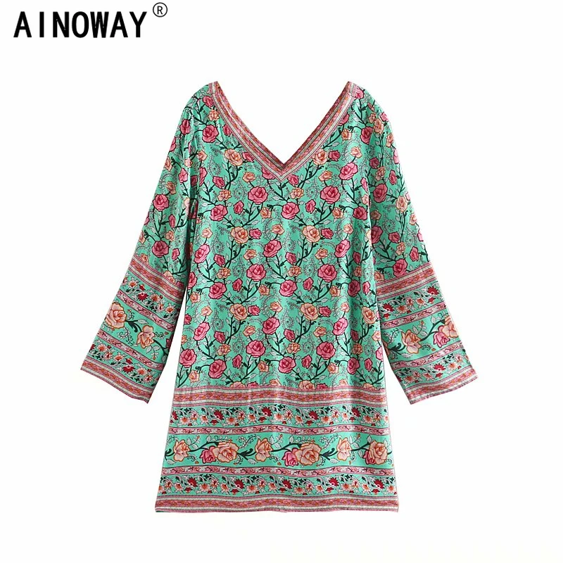 

Vintage chic happie women rose floral print long sleeve v-neck beach Bohemian mini dress ladies rayon cotton Boho dress