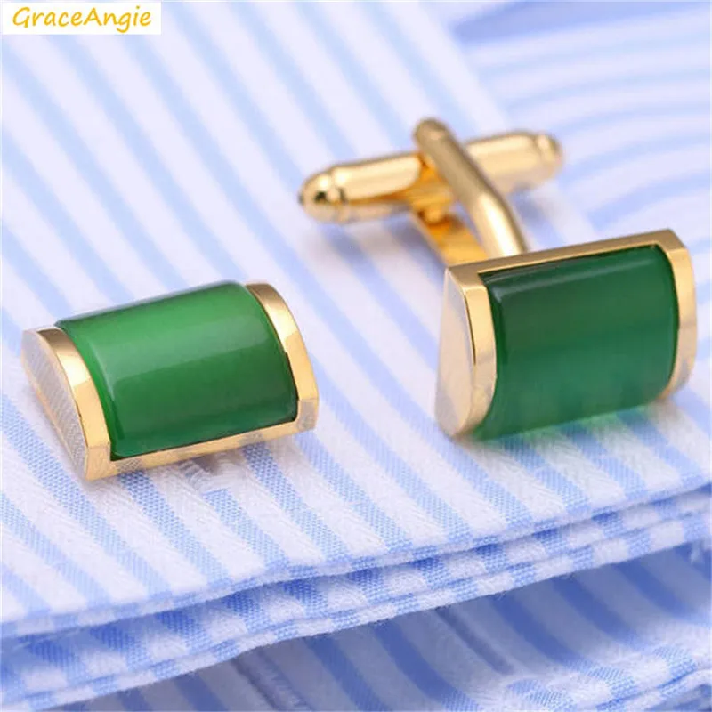 GraceAngie, 1 пара, прямоугольная форма, Зеленый Кристалл, золотой цвет, основа, латунь, мужские запонки, Свадебная вечеринка, аксессуары для смокинга, официальное платье