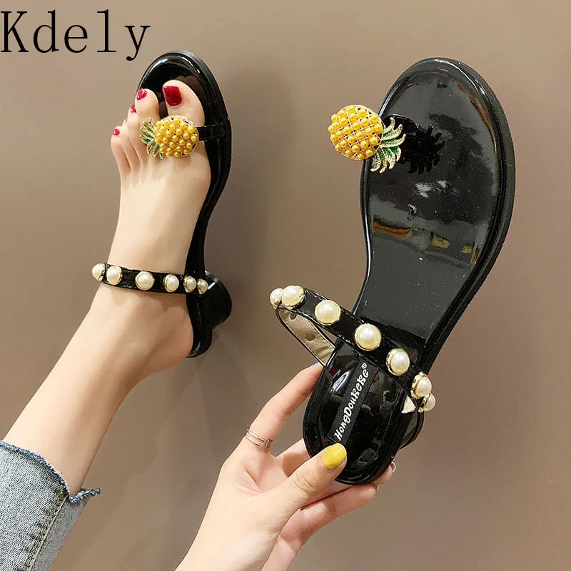 

2019 Hot Summer Flat Heel Women Ladies Sandals toe ring Bohemia Sandals With ananas pearl Flat Shoe Outdoor Holiday Slides 35-40